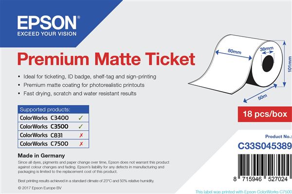 1ROLL PREMIUM MATTE TICKET Media, Roll paper, Epson Premium Matte Ticket, Desktop Inkjet Label - Tic