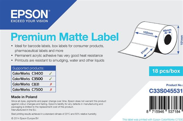 PREMIUM MATTE LABEL - DIE-CUT Premium Matte Label - Die-cut Roll: 102mm x 51mm, 650 labels