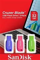 SANDISK CRUZER BLADE USB 32 GB, USB 2.0, 3-Pack (Blau, Rosa, Grun)