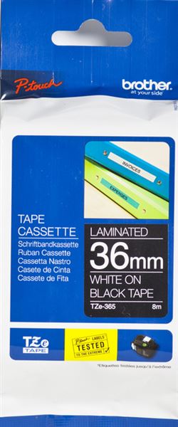 TZE-365 LAMINATED TAPE 36MM 8M WHITE ON BLACK